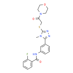 ChemSpider 2D Image | 2-Fluoro-N-[3-(4-methyl-5-{[2-(4-morpholinyl)-2-oxoethyl]sulfanyl}-4H-1,2,4-triazol-3-yl)phenyl]benzamide | C22H22FN5O3S