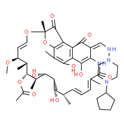 ChemSpider 2D Image | (7S,9E,11S,12R,13S,14R,15R,16R,17S,18S,19E,26E)-26-{[(4-Cyclopentyl-1-piperazinyl)amino]methylene}-2,15,17,29-tetrahydroxy-11-methoxy-3,7,12,14,16,18,22-heptamethyl-6,23,27-trioxo-8,30-dioxa-24-azatet
racyclo[23.3.1.1~4,7~.0~5,28~]triaconta-1(28),2,4,9,19,21,25(29)-heptaen-13-yl acetate | C47H64N4O12