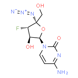 ChemSpider 2D Image | 4-Amino-1-[(2R,3R,4S,5R)-5-azido-4-fluoro-3-hydroxy-5-(hydroxymethyl)tetrahydro-2-furanyl]-2(1H)-pyrimidinone (non-preferred name) | C9H11FN6O4