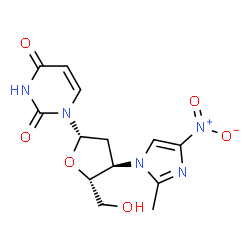 ChemSpider 2D Image | 1-[2,3-Dideoxy-3-(2-methyl-4-nitro-1H-imidazol-1-yl)-beta-L-erythro-pentofuranosyl]-2,4(1H,3H)-pyrimidinedione | C13H15N5O6