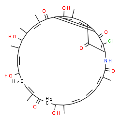 ChemSpider 2D Image | (7Z,12Z,16Z,22Z,24Z,26Z)-31-Chloro-4,10,14,20-tetrahydroxy-3,7,9,11,17,21,27-heptamethyl-29-azatricyclo[28.3.1.0~5,33~]tetratriaconta-1(33),2,4,7,12,16,22,24,26,30-decaene-6,18,28,32,34-pentone | C40H46ClNO9