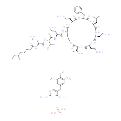 ChemSpider 2D Image | N-[(1S)-3-amino-1-[[(1S)-1-[[(1S)-3-amino-1-[[(3S,6S,9S,12S,15R,18S,21S)-6,9,18-tris(2-aminoethyl)-15-benzyl-3-[(1R)-1-hydroxyethyl]-12-isobutyl-2,5,8,11,14,17,20-heptaoxo-1,4,7,10,13,16,19-heptazacyclotricos-21-yl]carbamoyl]propyl]carbamoyl]-2-hydroxy-propyl]carbamoyl]propyl]-6-methyl-octanamide;sulfuric acid;5-[(3,4,5-trimethoxyphenyl)methyl]pyrimidine-2,4-diamine | C70H118N20O20S