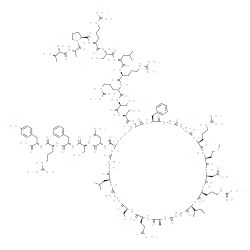 ChemSpider 2D Image | (3S,6S,9S,12S,15S)-1-{(4R,10S,16S,19S,22S,28S,31S,34S,37S,40S,49S,52R)-52-{[(2S,5S,8S,11S,14S,17S,20S)-25-Amino-20-[({(2S)-1-[(2S)-2-{[(2S,3R)-2-amino-3-hydroxybutanoyl]amino}propanoyl]-2-pyrrolidinyl
}carbonyl)amino]-8,11-bis(3-carbamimidamidopropyl)-2,5,17-tris(hydroxymethyl)-25-imino-14-isobutyl-4,7,10,13,16,19-hexaoxo-3,6,9,12,15,18,24-heptaazapentacosan-1-oyl]amino}-19-(3-amino-3-oxopropyl)-49
-benzyl-28-[(2S)-2-butanyl]-31,40-bis(3-carbamimidamidopropyl)-34-(carboxymethyl)-16-(hydroxymethyl)-10-isobutyl-22-methyl-37-[2-(methylsulfanyl)ethyl]-6,9,12,15,18,21,24,27,30,33,36,39,42,45,48,51-he
xadecaoxo-1,2-dithia-5,8,11,14,17,20,23,26,29,32,35,38,41,44,47,50-hexadecaazacyclotripentacontan-4-yl}-3-(2-amino-2-oxoethyl)-9-benzyl-12-(3-carbamimidamidopropyl)-15-(4-hydroxybenzyl)-6-(hydroxymeth
yl)-1,4,7,10,13-pentaoxo-2,5,8,11,14-pentaazahexadecan-16-oic acid (non-preferred name) | C145H234N52O44S3