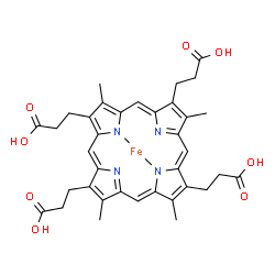 ChemSpider 2D Image | [3,3',3'',3'''-(3,8,13,17-Tetramethyl-2,7,12,18-porphyrintetrayl-kappa~2~N~21~,N~23~)tetrapropanoato(2-)]iron | C36H36FeN4O8