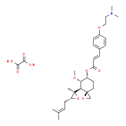 ChemSpider 2D Image | (3R,4S,5S,6R)-5-Methoxy-4-[(3R)-2-methyl-3-(3-methyl-2-buten-1-yl)-2-oxiranyl]-1-oxaspiro[2.5]oct-6-yl (2E)-3-{4-[2-(dimethylamino)ethoxy]phenyl}acrylate ethanedioate (1:1) | C31H43NO10