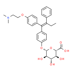 ChemSpider 2D Image | 4-[(1E)-1-[4-[2-(Dimethylamino)ethoxy]phenyl]-2-phenyl-1-buten-1-yl]phenyl Î²-D-glucopyranosiduronic acid | C32H37NO8