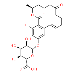 ChemSpider 2D Image | (3S,11E)-16-Hydroxy-3-methyl-1,7-dioxo-3,4,5,6,7,8,9,10-octahydro-1H-2-benzoxacyclotetradecin-14-yl beta-D-glucopyranosiduronic acid | C24H30O11