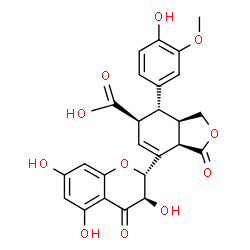 ChemSpider 2D Image | (3aR,4R,5R,7aR)-4-(4-Hydroxy-3-methoxyphenyl)-1-oxo-7-[(2R,3R)-3,5,7-trihydroxy-4-oxo-3,4-dihydro-2H-chromen-2-yl]-1,3,3a,4,5,7a-hexahydro-2-benzofuran-5-carboxylic acid | C25H22O11
