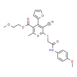 ChemSpider 2D Image | 2-Methoxyethyl 5-cyano-4-(2-furyl)-6-({2-[(4-methoxyphenyl)amino]-2-oxoethyl}sulfanyl)-2-methylnicotinate | C24H23N3O6S