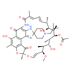 ChemSpider 2D Image | (7S,9E,11S,12S,13R,14S,15R,16R,17S,18S,19E,21E)-2,13,17-Trihydroxy-1'-isobutyl-11-methoxy-3,7,12,14,16,18,22-heptamethyl-6,23,32-trioxospiro[8,33-dioxa-24,27,29-triazapentacyclo[23.6.1.1~4,7~.0~5,31~.
0~26,30~]tritriaconta-1(31),2,4,9,19,21,25,29-octaene-28,4'-piperidin]-15-yl acetate | C46H62N4O11
