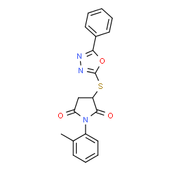 ChemSpider 2D Image | 1-(2-Methylphenyl)-3-[(5-phenyl-1,3,4-oxadiazol-2-yl)sulfanyl]-2,5-pyrrolidinedione | C19H15N3O3S