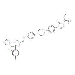 ChemSpider 2D Image | 2-[(1,1,1-~2~H_3_)-2-Butanyl]-4-{4-[4-(4-{[2-(2,4-dichlorophenyl)-2-(1H-1,2,4-triazol-1-ylmethyl)-1,3-dioxolan-4-yl]methoxy}phenyl)-1-piperazinyl]phenyl}-2,4-dihydro-3H-1,2,4-triazol-3-one | C35H35D3Cl2N8O4