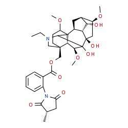 ChemSpider 2D Image | [(6beta,10alpha,13alpha,16beta,17xi)-20-Ethyl-7,8,14-trihydroxy-1,6,16-trimethoxyaconitan-4-yl]methyl 2-[(3S)-3-methyl-2,5-dioxo-1-pyrrolidinyl]benzoate | C36H48N2O10