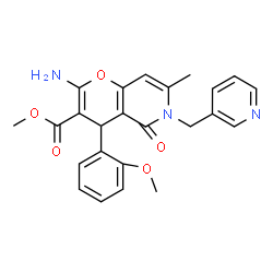 ChemSpider 2D Image | Methyl 2-amino-4-(2-methoxyphenyl)-7-methyl-5-oxo-6-(3-pyridinylmethyl)-5,6-dihydro-4H-pyrano[3,2-c]pyridine-3-carboxylate | C24H23N3O5