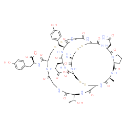 ChemSpider 2D Image | N-({(1R,4S,7S,13S,16R,21R,24R,27S,30S,33R,38R,44S)-21-Amino-13-(2-amino-2-oxoethyl)-27-(2-carboxyethyl)-30-(4-hydroxybenzyl)-44-[(1R)-1-hydroxyethyl]-4-methyl-3,6,12,15,22,25,28,31,40,43,46,51-dodecao
xo-18,19,35,36,48,49-hexathia-2,5,11,14,23,26,29,32,39,42,45,52-dodecaazatetracyclo[22.22.4.2~16,33~.0~7,11~]dopentacont-38-yl}carbonyl)-L-tyrosine | C59H79N15O21S6