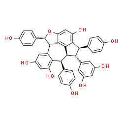 ChemSpider 2D Image | (3R,4R,4aS,5S,9bS,10R)-4-(3,5-Dihydroxyphenyl)-3,5,10-tris(4-hydroxyphenyl)-3,4,4a,5,9b,10-hexahydro-11-oxabenzo[5,6]cyclohepta[1,2,3,4-jkl]-as-indacene-2,6,8-triol | C42H32O9