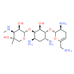 ChemSpider 2D Image | (1R,2S,3R,4R,6R)-4,6-Diamino-3-{[(2S,3S)-3-amino-6-(aminomethyl)-3,4-dihydro-2H-pyran-2-yl]oxy}-2-hydroxycyclohexyl 3-deoxy-4-C-methyl-3-(methylamino)-alpha-L-lyxopyranoside | C19H37N5O7