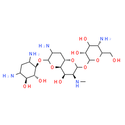 ChemSpider 2D Image | (3S,4R,4aR,8aS)-7-Amino-6-{[(1R,2R,3S)-4,6-diamino-2,3-dihydroxycyclohexyl]oxy}-4-hydroxy-3-(methylamino)octahydropyrano[3,2-b]pyran-2-yl 4-amino-4-deoxy-D-erythro-hexopyranoside | C21H41N5O11
