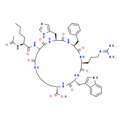 ChemSpider 2D Image | (3R,6S,9S,12S,23S)-15-[(N-Acetyl-L-norleucyl)amino]-9-benzyl-6-{3-[(diaminomethylene)amino]propyl}-12-(1H-imidazol-5-ylmethyl)-3-(1H-indol-3-ylmethyl)-2,5,8,11,14,17-hexaoxo-1,4,7,10,13,18-hexaazacycl
otricosane-23-carboxylic acid | C50H68N14O10