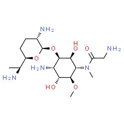 ChemSpider 2D Image | N-[(1S,2S,3R,4S,5R,6R)-4-Amino-3-({(2R,3S,6R)-3-amino-6-[(1S)-1-aminoethyl]tetrahydro-2H-pyran-2-yl}oxy)-2,5-dihydroxy-6-methoxycyclohexyl]-N-methylglycinamide | C17H35N5O6