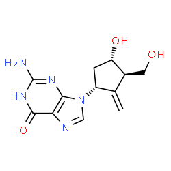ChemSpider 2D Image | 2-Amino-9-[(1R,3R,4S)-4-hydroxy-3-(hydroxymethyl)-2-methylenecyclopentyl]-1,9-dihydro-6H-purin-6-one | C12H15N5O3