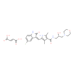 ChemSpider 2D Image | 5-[(Z)-(5-Fluoro-2-oxo-1,2-dihydro-3H-indol-3-ylidene)methyl]-N-[(2S)-2-hydroxy-3-(4-morpholinyl)propyl]-2,4-dimethyl-1H-pyrrole-3-carboxamide (2E)-2-butenedioate (1:1) | C27H31FN4O8