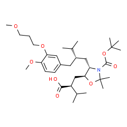 ChemSpider 2D Image | (2S)-2-{[(4S,5S)-4-{(2S)-2-[4-Methoxy-3-(3-methoxypropoxy)benzyl]-3-methylbutyl}-2,2-dimethyl-3-{[(2-methyl-2-propanyl)oxy]carbonyl}-1,3-oxazolidin-5-yl]methyl}-3-methylbutanoic acid | C33H55NO8