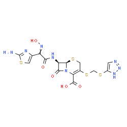 ChemSpider 2D Image | (6R,7R)-7-{[(2-Amino-1,3-thiazol-4-yl)(hydroxyimino)acetyl]amino}-8-oxo-3-{[(1H-1,2,3-triazol-5-ylsulfanyl)methyl]sulfanyl}-5-thia-1-azabicyclo[4.2.0]oct-2-ene-2-carboxylic acid | C15H14N8O5S4