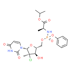 ChemSpider 2D Image | Isopropyl (2S)-2-{[{[(2R,3R,4R,5R)-4-chloro-5-(2,4-dioxo-3,4-dihydro-1(2H)-pyrimidinyl)-3-hydroxy-4-methyltetrahydro-2-furanyl]methoxy}(phenoxy)phosphoryl]amino}propanoate (non-preferred name) | C22H29ClN3O9P