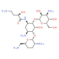 ChemSpider 2D Image | (2R)-4-Amino-N-{(1R,2S,3R,4R,5S)-5-amino-2-[(3-amino-3-deoxy-beta-L-gulopyranosyl)oxy]-4-[(2,6-diamino-2,3,4,6-tetradeoxy-alpha-D-erythro-hexopyranosyl)oxy]-3-hydroxycyclohexyl}-2-hydroxybutanamide | C22H44N6O10