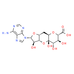 ChemSpider 2D Image | (2R,3R,3aR,4aS,5S,6S,7S,8aR,9aR)-2-(6-Amino-9H-purin-9-yl)-3,4a,5,6-tetrahydroxydecahydrofuro[3,2-b]pyrano[2,3-e]pyran-7-carboxylic acid | C16H19N5O9