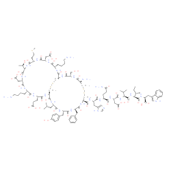 ChemSpider 2D Image | N-({(1R,4S,7S,10S,13S,16S,19S,22S,25R,28S,31R,36R,39R,42S,45S)-31-Amino-7,22-bis(4-aminobutyl)-39-benzyl-4-(2-carboxyethyl)-10,19-bis(carboxymethyl)-42-(4-hydroxybenzyl)-13-[(1R)-1-hydroxyethyl]-28-(h
ydroxymethyl)-45-isobutyl-16-[2-(methylsulfanyl)ethyl]-3,6,9,12,15,18,21,24,27,30,38,41,44,47-tetradecaoxo-33,34,49,50-tetrathia-2,5,8,11,14,17,20,23,26,29,37,40,43,46-tetradecaazabicyclo[23.22.4]henp
entacont-36-yl}carbonyl)-L-histidyl-L-glutaminyl-L-alpha-aspartyl-L-valyl-L-isoleucyl-L-tryptophan | C110H159N27O34S5