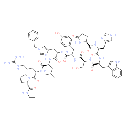 ChemSpider 2D Image | 5-Oxo-L-prolyl-L-histidyl-L-tryptophyl-L-seryl-L-tyrosyl-1-benzyl-L-histidyl-L-leucyl-L-arginyl-N-ethyl-L-prolinamide | C66H86N18O12