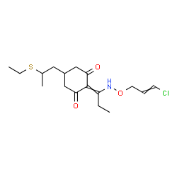 ChemSpider 2D Image | 2-(1-{[(3-Chloro-2-propen-1-yl)oxy]amino}propylidene)-5-[2-(ethylsulfanyl)propyl]-1,3-cyclohexanedione | C17H26ClNO3S