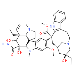 ChemSpider 2D Image | Methyl (13S,15S,17S)-13-[(2beta,3beta,4beta,5alpha,19alpha)-3-carbamoyl-3,4-dihydroxy-16-methoxy-1-methyl-6,7-didehydroaspidospermidin-15-yl]-17-ethyl-17-hydroxy-1,11-diazatetracyclo[13.3.1.0~4,12~.0~
5,10~]nonadeca-4(12),5,7,9-tetraene-13-carboxylate | C43H55N5O7