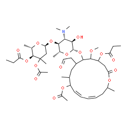 ChemSpider 2D Image | (11Z,13Z)-10-Acetoxy-6-{[(2S,3R,4R,5S,6R)-5-{[(2S,5S,6S)-4-acetoxy-4,6-dimethyl-5-(propionyloxy)tetrahydro-2H-pyran-2-yl]oxy}-4-(dimethylamino)-3-hydroxy-6-methyltetrahydro-2H-pyran-2-yl]oxy}-5-methox
y-9,16-dimethyl-2-oxo-7-(2-oxoethyl)oxacyclohexadeca-11,13-dien-4-yl propanoate (non-preferred name) | C45H71NO17