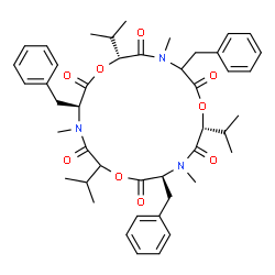 ChemSpider 2D Image | (3S,6R,12R,15S)-3,9,15-Tribenzyl-6,12,18-triisopropyl-4,10,16-trimethyl-1,7,13-trioxa-4,10,16-triazacyclooctadecane-2,5,8,11,14,17-hexone | C45H57N3O9
