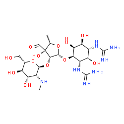 ChemSpider 2D Image | 1,1'-[(1R,2S,3S,4R,5S,6S)-4-({5-Deoxy-2-O-[2-deoxy-2-(methylamino)-alpha-L-mannopyranosyl]-3-C-formyl-beta-L-lyxofuranosyl}oxy)-2,5,6-trihydroxy-1,3-cyclohexanediyl]diguanidine | C21H39N7O12