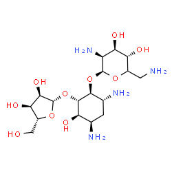 ChemSpider 2D Image | (1S,2S,3R,4R,6R)-4,6-Diamino-3-hydroxy-2-(beta-D-ribofuranosyloxy)cyclohexyl (5xi)-2,6-diamino-2,6-dideoxy-beta-D-lyxo-hexopyranoside | C17H34N4O10