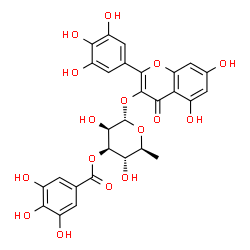 ChemSpider 2D Image | 5,7-Dihydroxy-4-oxo-2-(3,4,5-trihydroxyphenyl)-4H-chromen-3-yl 6-deoxy-3-O-(3,4,5-trihydroxybenzoyl)-alpha-L-mannopyranoside | C28H24O16
