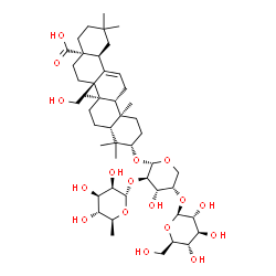 ChemSpider 2D Image | (3beta)-3-{[6-Deoxy-alpha-L-mannopyranosyl-(1->2)-[beta-D-glucopyranosyl-(1->4)]-alpha-L-arabinopyranosyl]oxy}-27-hydroxyolean-12-en-28-oic acid | C47H76O17