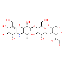 ChemSpider 2D Image | 4,6-Dideoxy-4-{[(1S,4R,5S,6S)-4,5,6-trihydroxy-3-(hydroxymethyl)-2-cyclohexen-1-yl]amino}-alpha-D-glucopyranosyl-(1->4)-alpha-D-glucopyranosyl-(1->4)-D-fructose | C25H43NO18