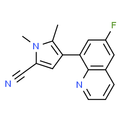 ChemSpider 2D Image | 4-(6-Fluoro-8-quinolinyl)-1,5-dimethyl-1H-pyrrole-2-carbonitrile | C16H12FN3