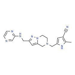 ChemSpider 2D Image | 2-Methyl-5-({2-[(2-pyrazinylamino)methyl]-6,7-dihydropyrazolo[1,5-a]pyrazin-5(4H)-yl}methyl)-1H-pyrrole-3-carbonitrile | C18H20N8