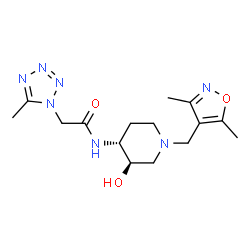 ChemSpider 2D Image | N-{(3R,4R)-1-[(3,5-Dimethyl-1,2-oxazol-4-yl)methyl]-3-hydroxy-4-piperidinyl}-2-(5-methyl-1H-tetrazol-1-yl)acetamide | C15H23N7O3