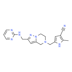 ChemSpider 2D Image | 2-Methyl-5-({2-[(2-pyrimidinylamino)methyl]-6,7-dihydropyrazolo[1,5-a]pyrazin-5(4H)-yl}methyl)-1H-pyrrole-3-carbonitrile | C18H20N8