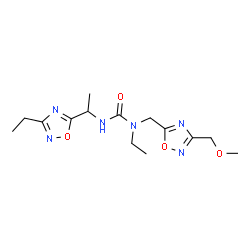 ChemSpider 2D Image | 1-Ethyl-3-[1-(3-ethyl-1,2,4-oxadiazol-5-yl)ethyl]-1-{[3-(methoxymethyl)-1,2,4-oxadiazol-5-yl]methyl}urea | C14H22N6O4