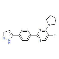 ChemSpider 2D Image | 5-Fluoro-2-[4-(1H-pyrazol-5-yl)phenyl]-4-(1-pyrrolidinyl)pyrimidine | C17H16FN5