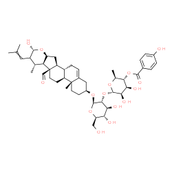 ChemSpider 2D Image | (2S,4aR,4bS,6aR,6bR,7S,9R,10aS,11aS,11bR)-6a-Formyl-9-hydroxy-4a,7-dimethyl-8-(2-methyl-1-propen-1-yl)-1,2,3,4,4a,4b,5,6,6a,6b,7,8,9,10a,11,11a,11b,12-octadecahydronaphtho[2',1':4,5]indeno[2,1-b]pyran
-2-yl 2-O-[6-deoxy-4-O-(4-hydroxybenzoyl)-alpha-L-mannopyranosyl]-beta-D-glucopyranoside | C46H64O15