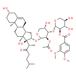 ChemSpider 2D Image | (3beta,16beta)-3,17-Dihydroxy-22-oxocholest-5-en-16-yl 2-O-acetyl-3-O-[2-O-(3,4-dimethoxybenzoyl)-beta-D-xylopyranosyl]-alpha-L-arabinopyranoside | C48H70O16